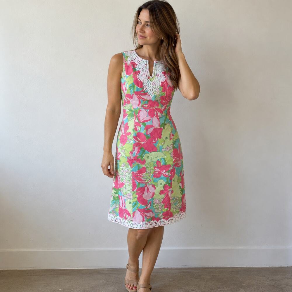 Lilly Pulitzer Size 8 Pink Green Floral Shift Dress Lace Trim Cotton